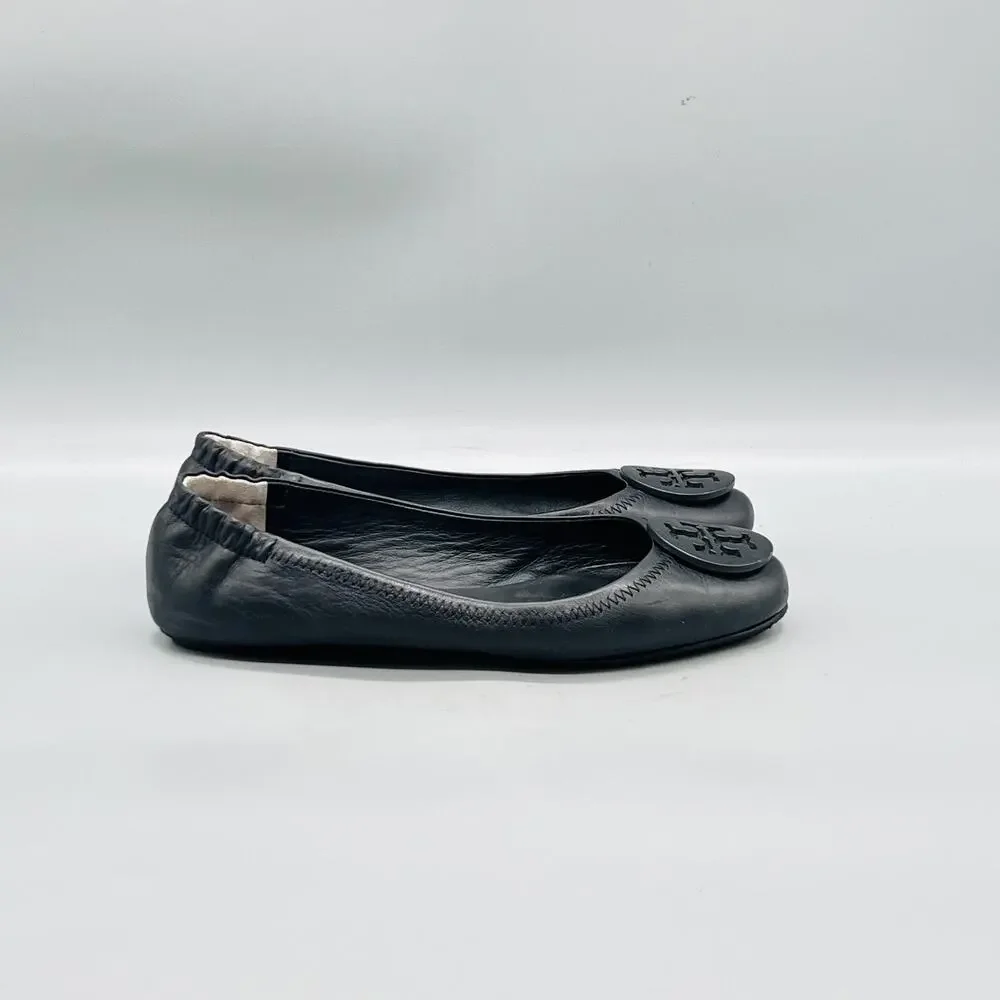 Tory Burch Shoes Womens 6.5 Black Leather Logo Ballet Flats Slip On Comfort